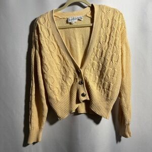 VTG Russ‎ Yellow Cable Knit Crop Cardigan Cotton Ramie Romantic Cottage Casual L